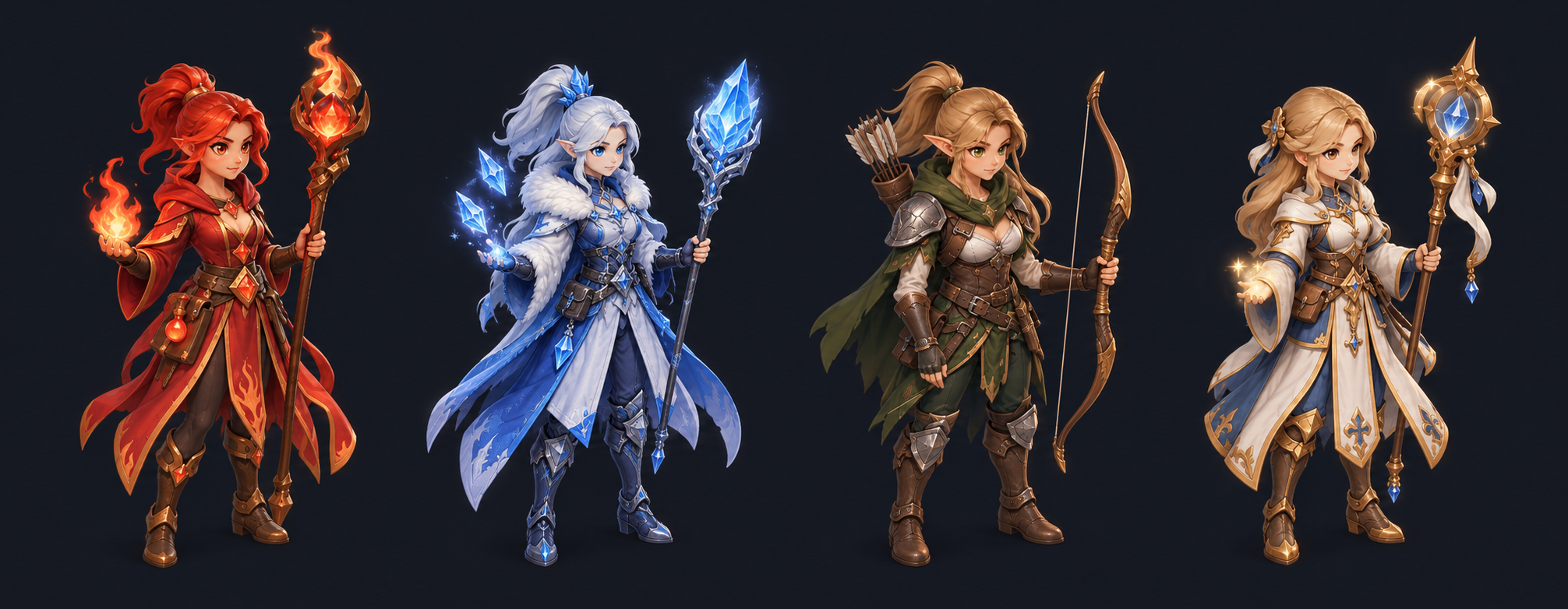 Character concepts for the fire mage, ice mage, ranger, and priest
